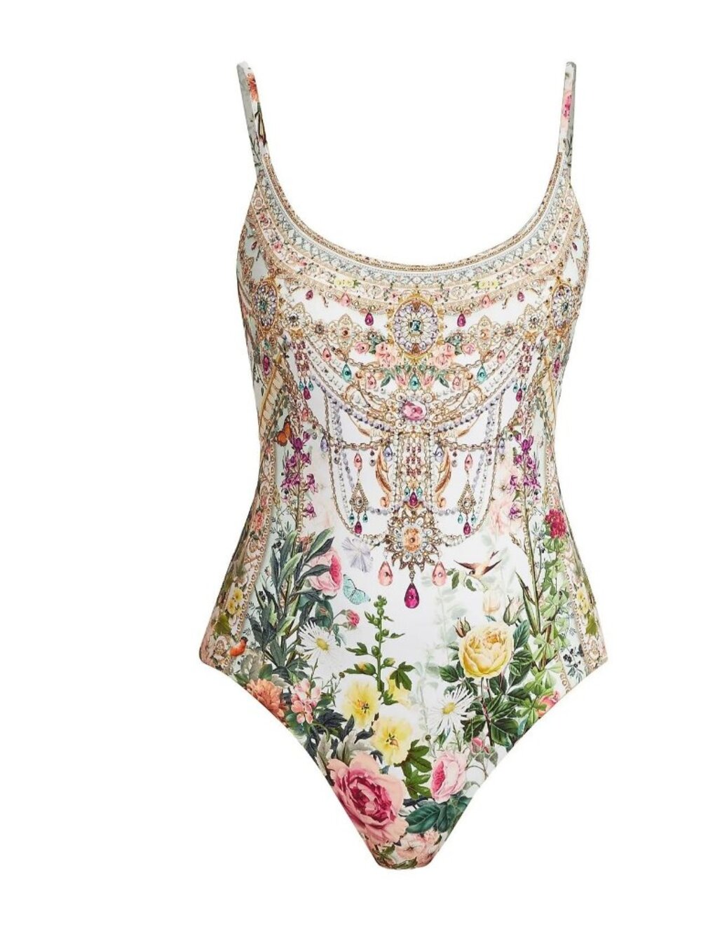 Floral Jewel-Embellished One-Piece Swimsuit - White/Pink
